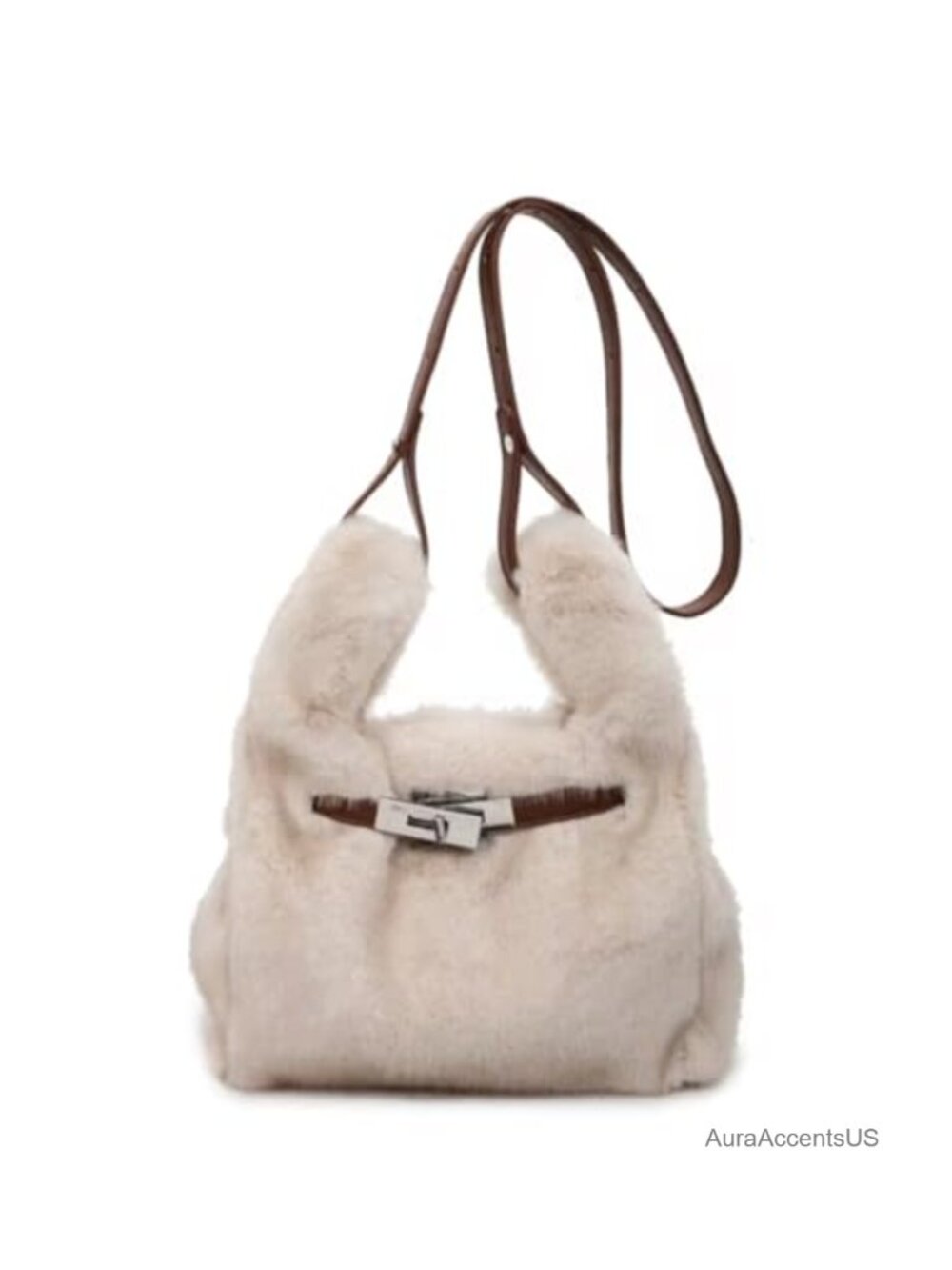 Faux Fur Crossbody Bag Bucket Purse with Leather Strap